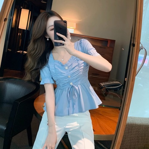 2024 French square neck short-sleeved chiffon shirt for women in summer, sweet temperament, waist-covering, belly-slimming short top