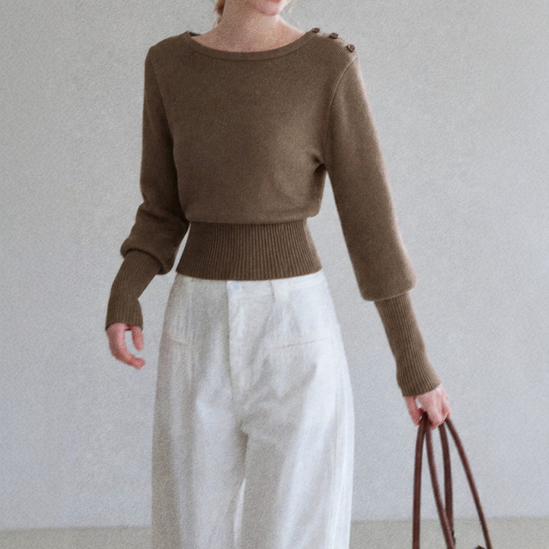 Korean-style elegant round-neck slim-fit long-sleeve knit top for women, autumn 2026 new French chic style top