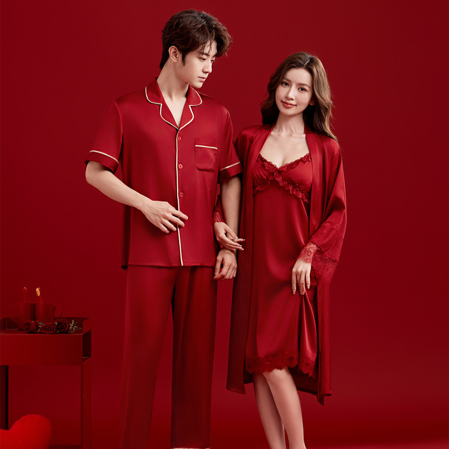 Red Ice Silk Pajamas for Newlyweds, One Man and One Woman, Home Clothes, Zodiac Year Suspender Skirt, Nightgown That Can Be Worn Outside