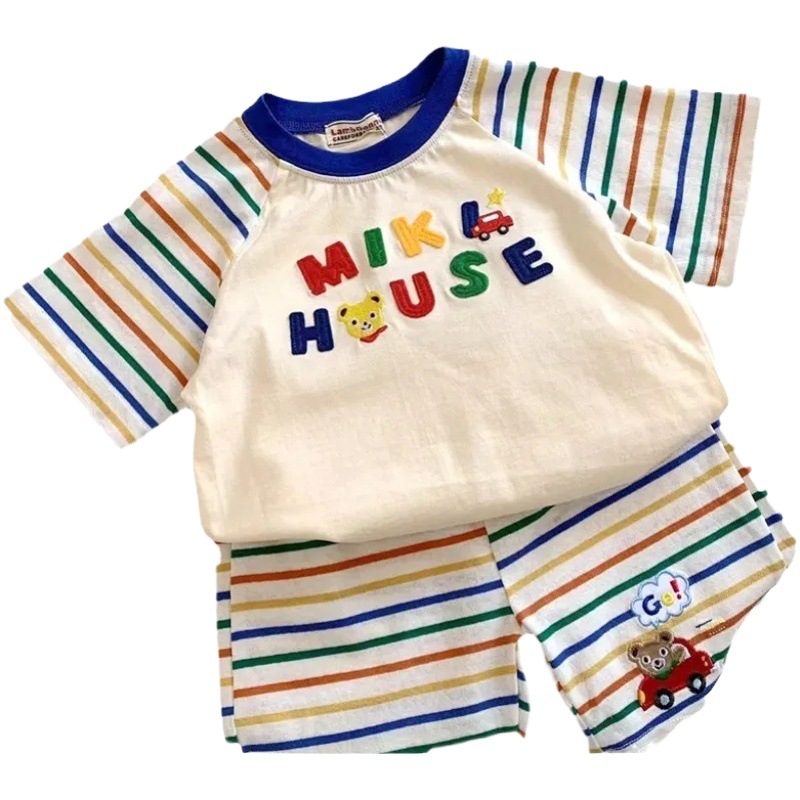 2023 nueva ropa para niños de verano niños y niñas costura a rayas de color pantalones cortos de manga corta traje de bebé para niños traje de dos piezas