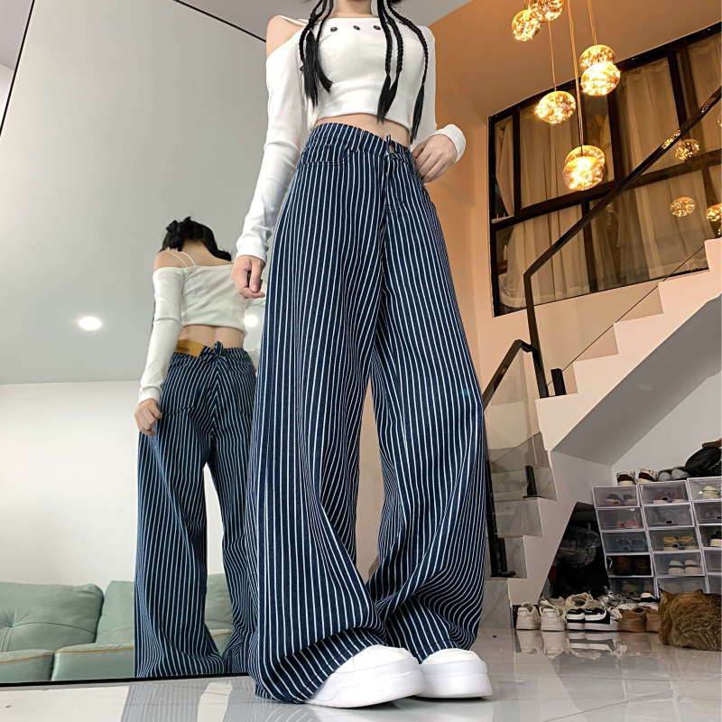 复古蓝色条纹阔腿牛仔裤女春秋宽松休闲显瘦直筒拖地长裤高街风|undefined
