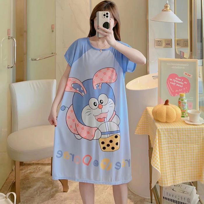 Camisón de las mujeres del verano Delgado manga corta nueva línea rojo estilo pijamas dibujos animados lindo señoras vestido flojo desgaste hogar