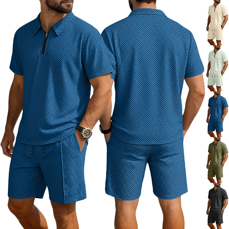 Verano transfronterizo nuevo hombre venta de cremallera manga corta polo vacaciones ocio comercio exterior manga corta set
