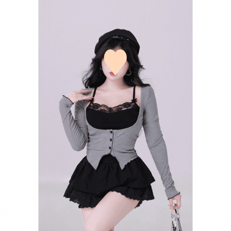 조심 기계 가짜 2 피스 긴팔 니트 카디건 여성의 봄 여름과 가을 스파이스 걸스 새로운 재킷 순수한 욕망 탑 짧은 치마 세트