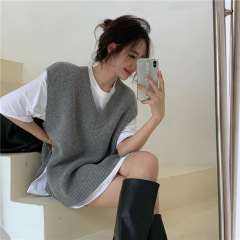 秋冬新款羊毛马甲女V领宽松无袖毛衣慵懒风开叉背心欧货坎肩