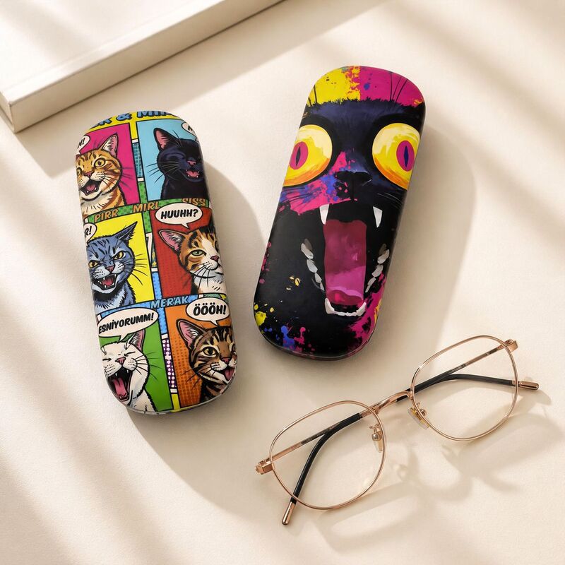 Trendy Graffiti Cat Pattern Metal Glasses Case Portable Hard Shell Anti-Pressure Storage Box for Myopia Glasses and Sunglasses