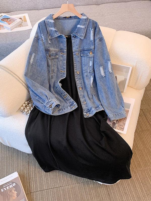 65-160kg Plus Size Women's Denim Jacket Dress for Slightly Chubby Women Casual 2025 Spring, Autumn, and Winter Two-Piece Set 65-160kg Plus Size Women's Denim Jacket Dress for Slightly Chubby Women Casual 2025 Spring, Autumn, and Winter Two-Piece Set