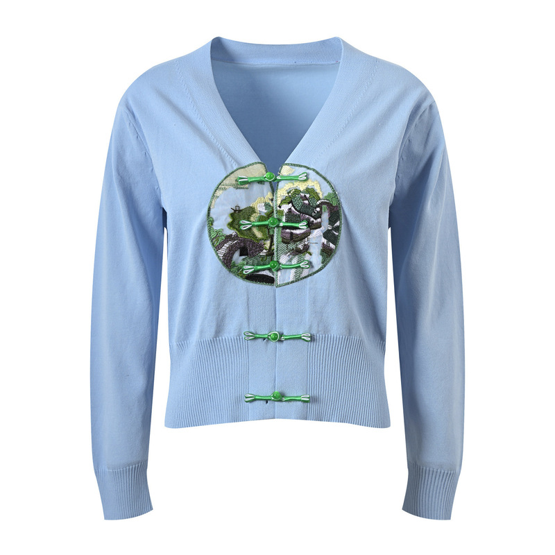 2024 Spring New Design New Chinese Style Improved National Style Embroidery V-Neck Buttoned Fashion Knitted Cardigan Top 2024 Spring New Design New Chinese Style Improved National Style Embroidery V-Neck Buttoned Fashion Knitted Cardigan Top