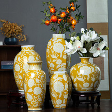 复古风六边黄色釉陶瓷花瓶家居摆件家装饰品创意花瓶高级感可水培