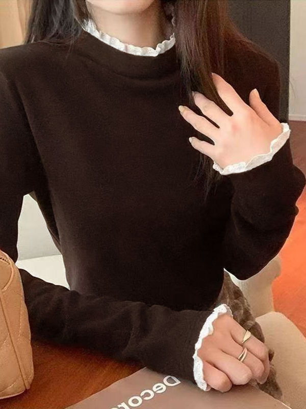 蕾丝花边设计感小众别致上衣女秋冬德绒修身打底衫半高领长袖T恤|undefined