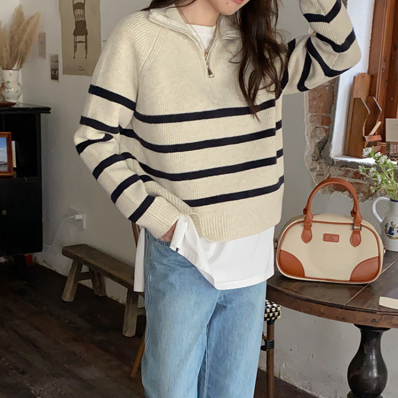 (2개) 하프 지프 스트라이프 스웨터 여성의 가을과 겨울 새 옷깃 풀오버 레트로 느슨한 니트 스웨터 이른 가을 게으른 스타일 아우터