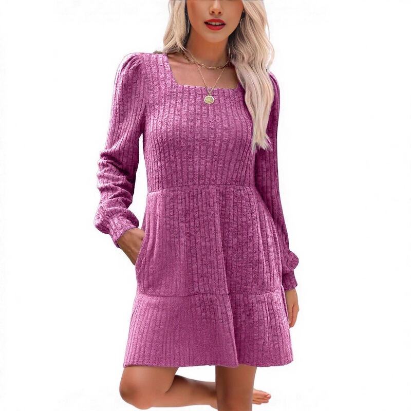 European and American Cross-Border Autumn and Winter New Textured Casual Long-Sleeve Square-Neck Dress with Pockets, Knitted Sweater Lining European and American Cross-Border Autumn and Winter New Textured Casual Long-Sleeve Square-Neck Dress with Pockets, Knitted Sweater Lining