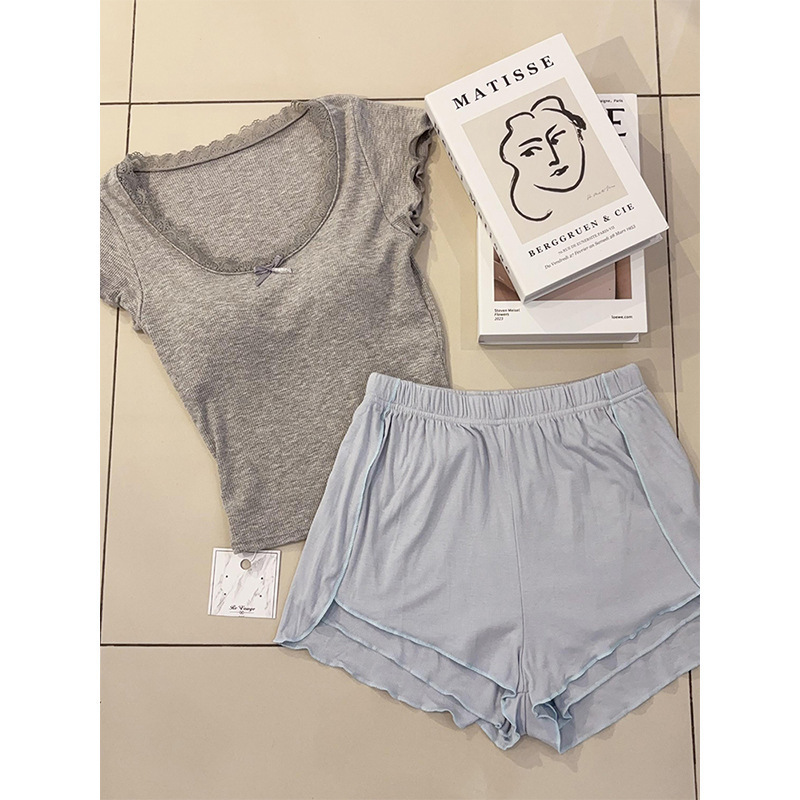 Simple Slim-Fit Solid Color Short-Sleeve Pajamas with Chest Pads for Women, Summer Plus-Size Comfortable Shorts Loungewear Set for Women