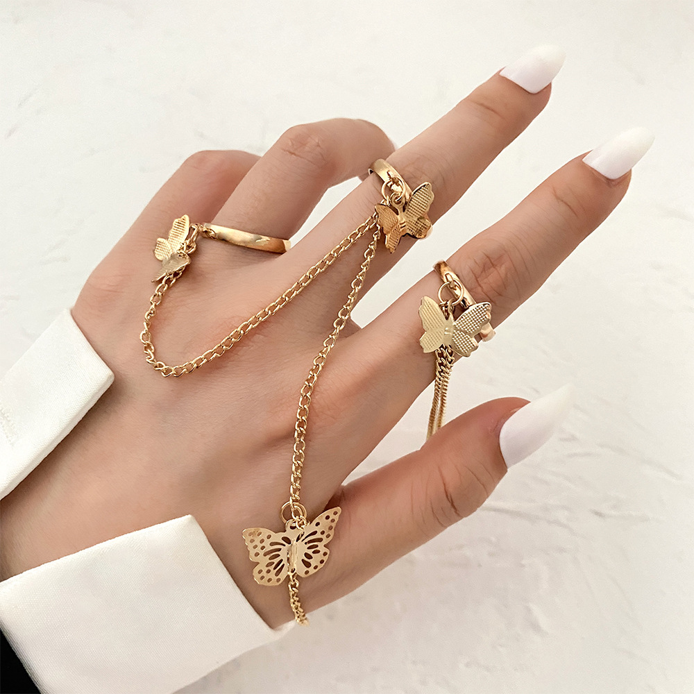 European and American personality disco chain combination ring men's punk style women's conjoined ring butterfly jewelry fashion jewelry wholesale