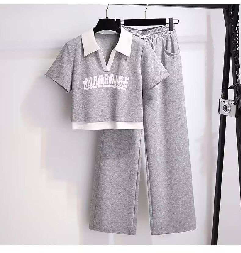 Casual Sports Suit For Women, Summer 2023 New Trendy Fashion Sweatshirt And Wide-leg Pants Two-piece Running Outfit_ecoleips.com