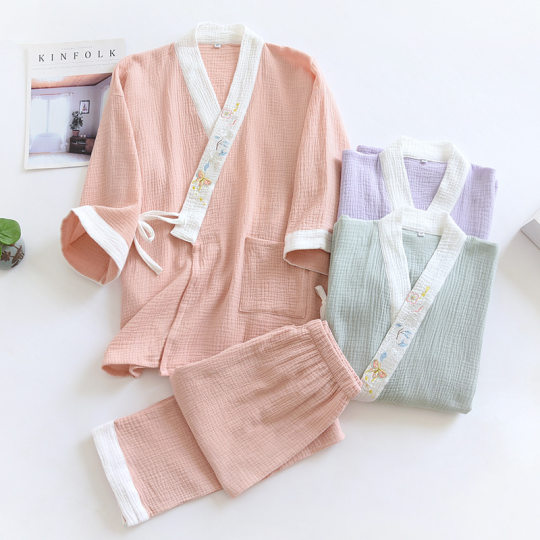 Japanese Style Embroidered Kimono Pajamas Women's Solid Color Pure Cotton Yarn Hanfu Long Sleeve Pants with Tether Neck for Home Wear Suit Thin