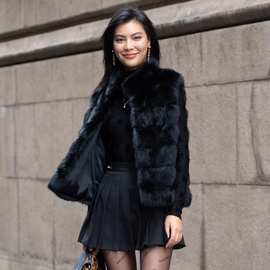 欧美亚马逊外贸出口黑色仿紫貂环保皮草外套女中立领马甲冬