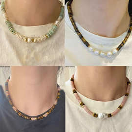 天然淡水珍珠虎眼玉石项链锁骨链男女百搭气质小众设计饰品choker