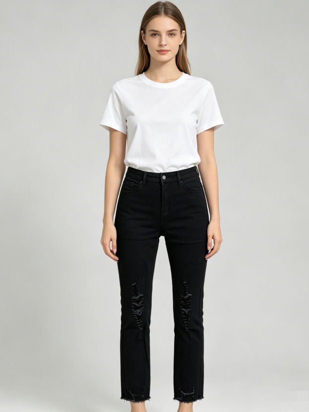 Jeans Tobilleros Rasgados para Mujer de Mezclilla de Algodón, Alta Elasticidad, Cintura Alta