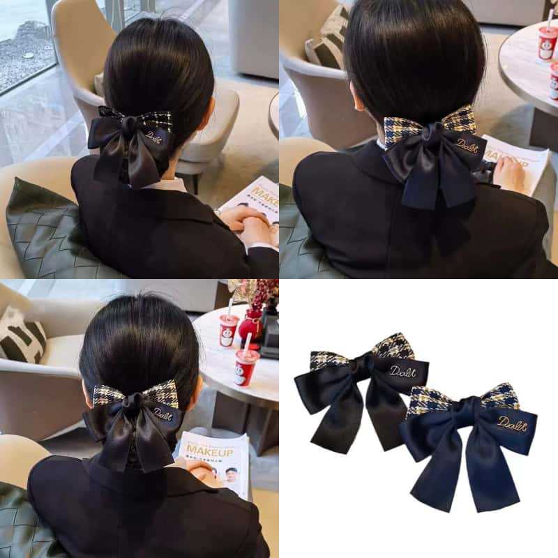 Professional headwear, net hairnet, nurse-style, Chanel-inspired, houndstooth pattern, hair accessories, hair net, hotel-style updo, bow, work hair clip