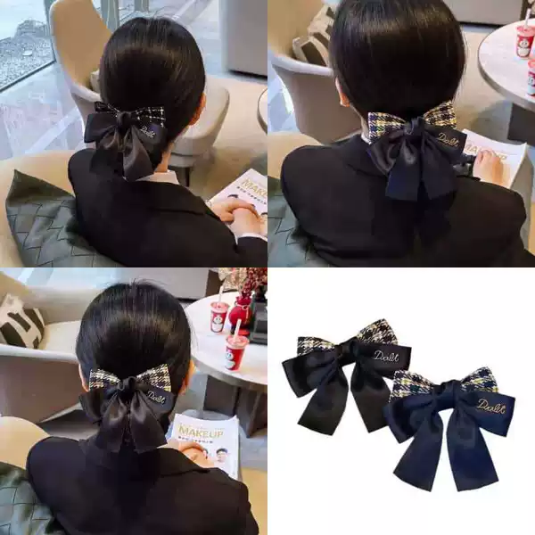 Professional headwear, net hairnet, nurse-style, Chanel-inspired, houndstooth pattern, hair accessories, hair net, hotel-style updo, bow, work hair clip