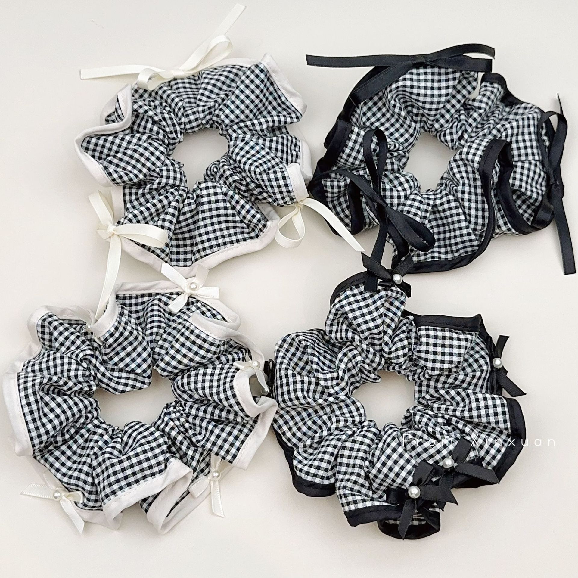 Scrunchie per capelli francese retrò a quadri con fiocco in tessuto_voghion.com