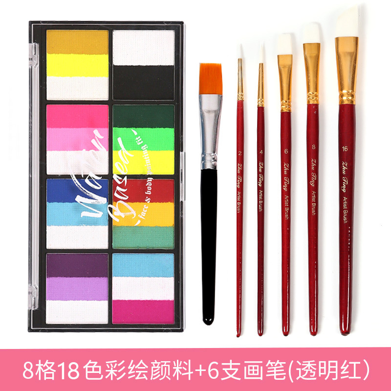 Pintura soluble en agua de tres colores de 8 rejillas (que contiene 1 pluma) + 5 cepillos transparentes para el cabello rojo y blanco