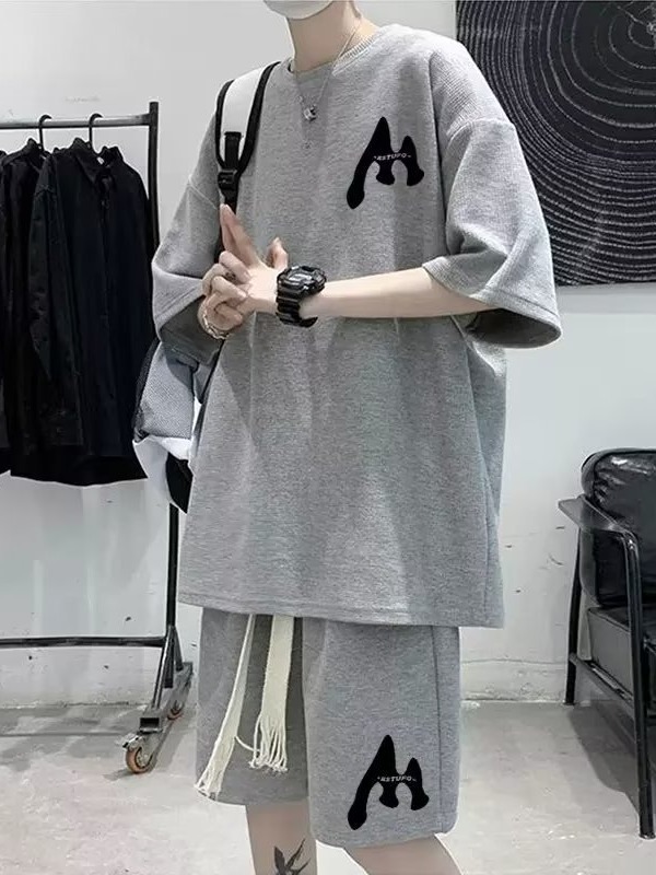 Traje de verano de los hombres de moda de todo fósforo de color sólido casual de manga corta Camiseta waffle Top marca de moda coreana ins shorts