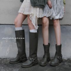 牛皮版~黑色酷帅风真皮骑士靴女皮带扣大筒围粗腿显瘦西部牛仔靴