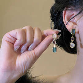 轻奢复古彩珠不对称耳钉女时尚百搭气质高级感潮流设计款耳环饰品