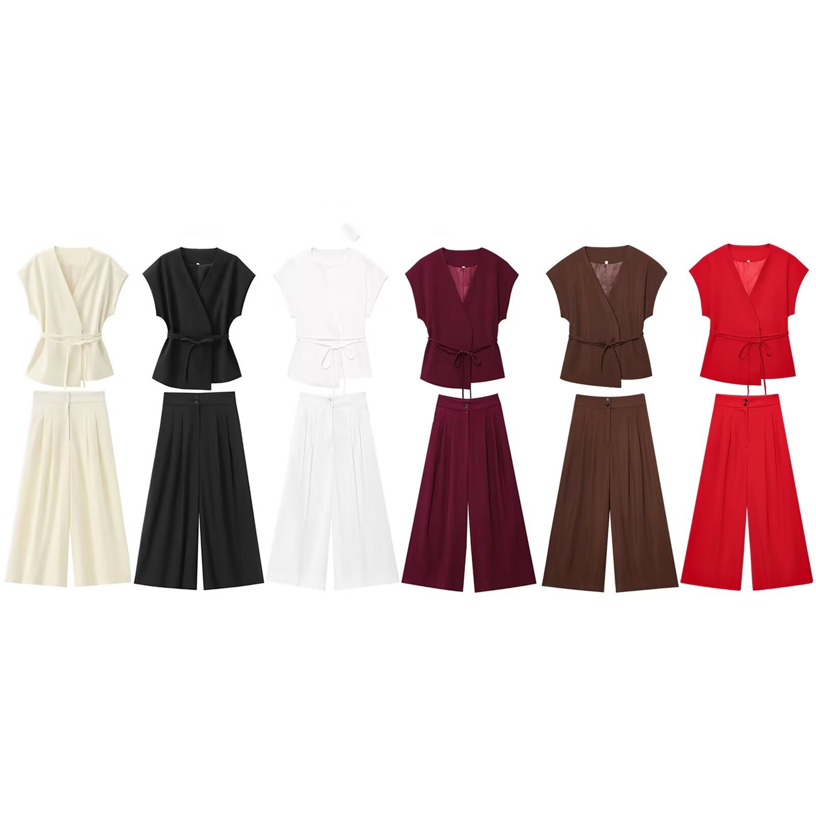 Cross-border Foreign Trade Women's Clothing 2025 Summer European And American Style V-neck Tie Top + Pleated Pants Set_ecoleips.com