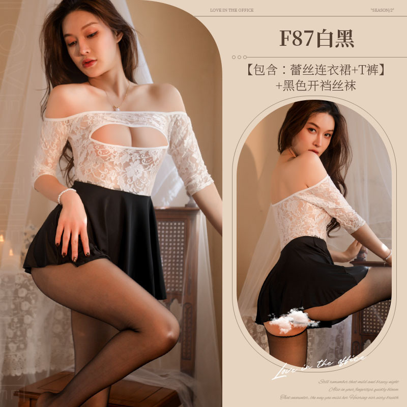 흰색과 검정색 레이스 드레스 + T 바지 + 검정색 가랑이 없는 양말