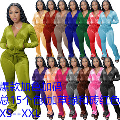 YD8527-C5C3の欧米の婦人服のアマゾンの新型の純色の金のベルベットのカジュアルな帽子の広い足のズボンの2つ