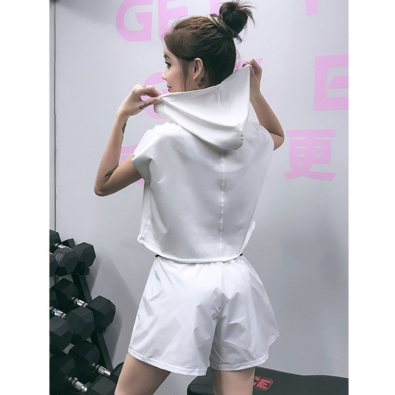 High-waisted short-sleeve sweet and cool hooded top, thin and breathable, quick-drying running and fitness sportswear for women