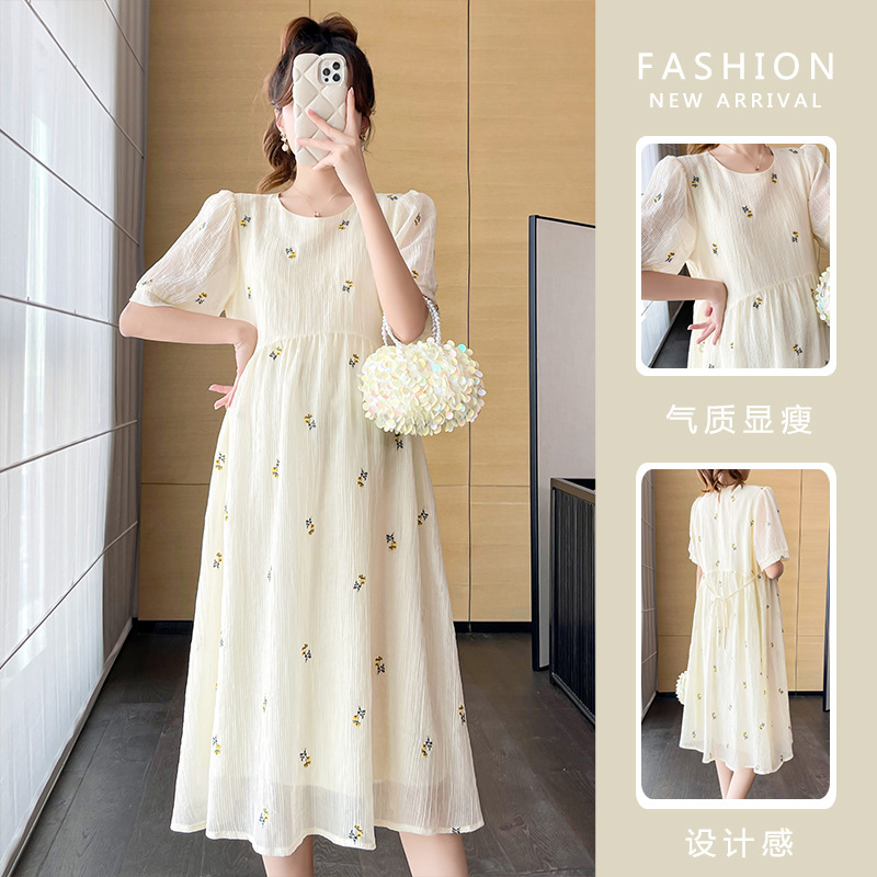 Maternity Summer Dress, Mid-Length, Sweet and Age-Reducing Maternity Wear, Summer Embroidered Chiffon Round Neck Slimming Dress for Women