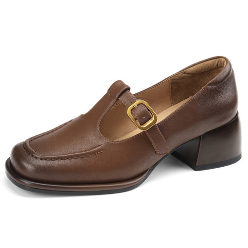 English-style small leather shoes for women, with a sense of design, niche medium-high wedge heels for women, 2024 autumn French retro brown open-toe single shoes