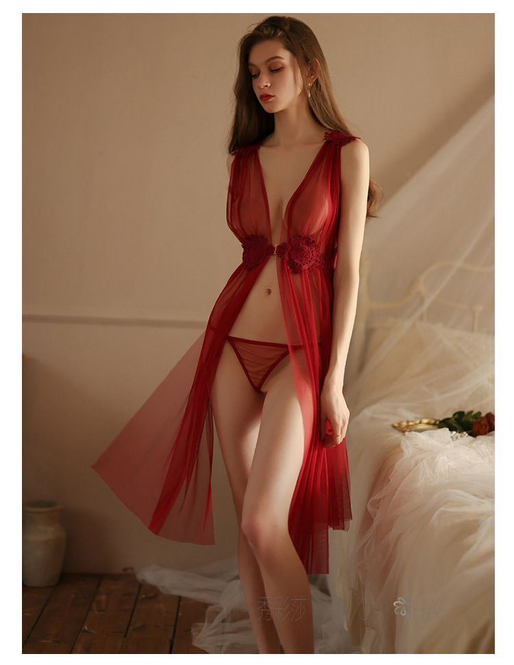Sheer Mesh Babydoll Nightgown with Thong, Wine Red One Size — detail image 18