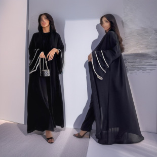 Cross-Border Long Robe Arabian Dubai Cardigan Black Robe Cuffs Spliced Beads Abaya Fashion Jacket