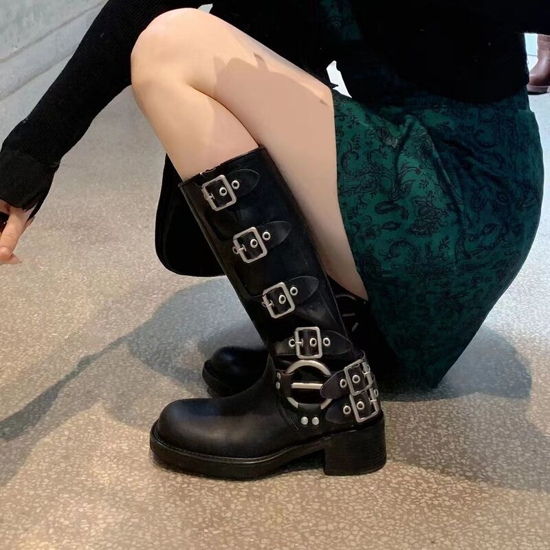 葡萄妈同款 罗马古城～复古圆头皮带扣粗跟西部中筒骑士靴女真皮|undefined