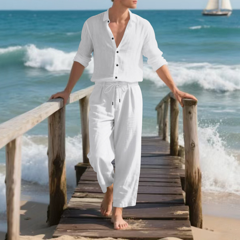 Herren Anzug Aus Leinen Mit Langarmhemd Und Hose Für Den Herbst_voghion.com