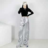 Уличные хип-хоп серебряные яркие карманные брюки джазовый танец танцует индивидуальность тонкие повседневные спортивные брюки