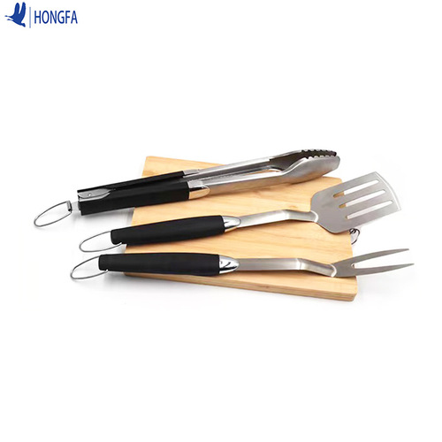 Amazon Best Selling BBQ Stainless Steel Grill Tools Set Camping Grill Set Fork Spatula Tongs Three-Piece Set