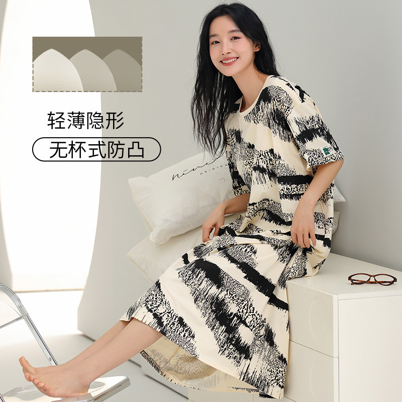 女性用胸パッド付きナイトガウン、夏用半袖プルアップフレーム、涼しい綿の薄い女の子用、甘いブラジャーなし、家着として着用可能|undefined