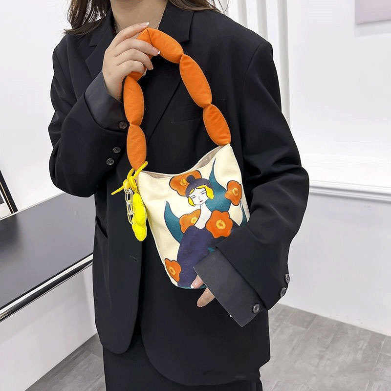 Nueva Ilustración Creativa correa de hombro llena de algodón bolsa de cubo bolsa de hombro Montaña y Mar Sutra portátil bolso de lona artística al por mayor