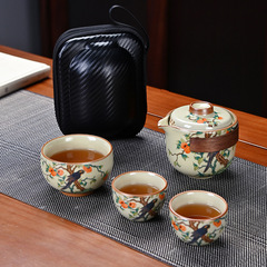 汝窯旅行茶器セット携帯一壺三杯泡茶杯屋外キャンプ仲間ビジネスプレゼント茶器