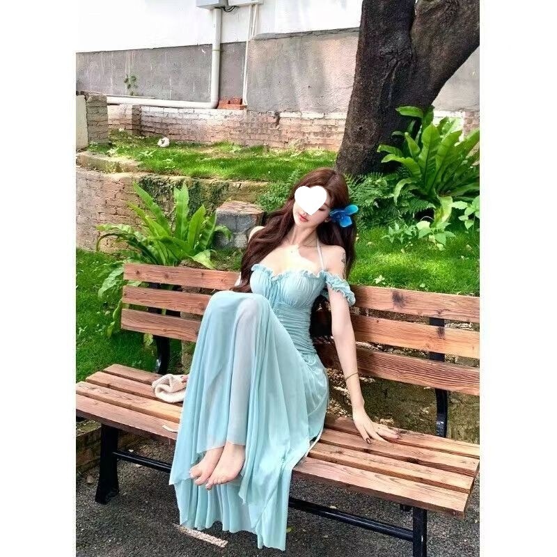 【Original design + with chest pads】Square-neck off-shoulder dress, new summer style, seaside vacation style, long beach dress 【Original design + with chest pads】Square-neck off-shoulder dress, new summer style, seaside vacation style, long beach dress