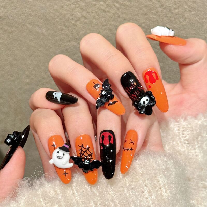 Rikaman Original [Halloween Spooky] Halloween Themed Nail Art Pieces Ghost Skeleton Handmade Wearable Nail Art Pieces
