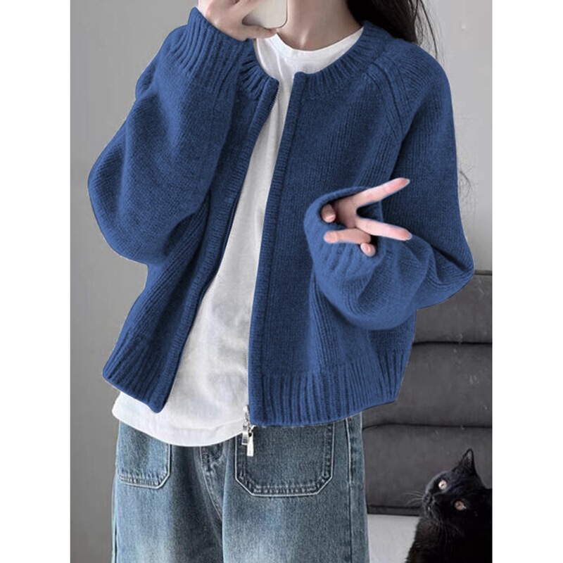 Blue Sweater Jacket Women's Knitted Cardigan Student National Fashion Brand Autumn and Winter Outer Wear Zipper Top Commuter Sweatshirt Thickeneded