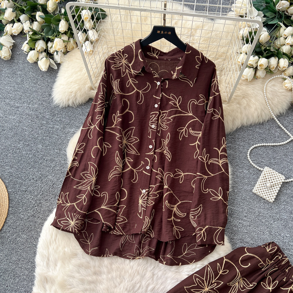 Women's Leaf Embroidery Two Piece Set Cardigan And Wide Leg Pants Slimming Versatile Autumn 2026 Commuting Clothing_ecoleips.com