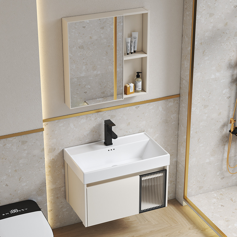 Estilo crema gabinete de baño combinación de espacio de aluminio pequeño apartamento lavabo de baño de cerámica integrado impermeable lavabo